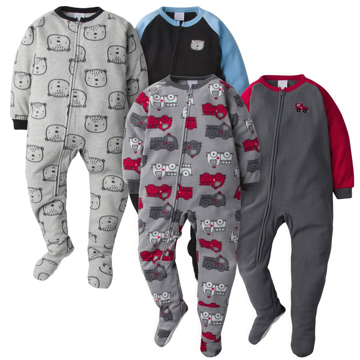 4-Pack Toddler Boys Blanket Sleepers - Firetrucks & Bear Heads