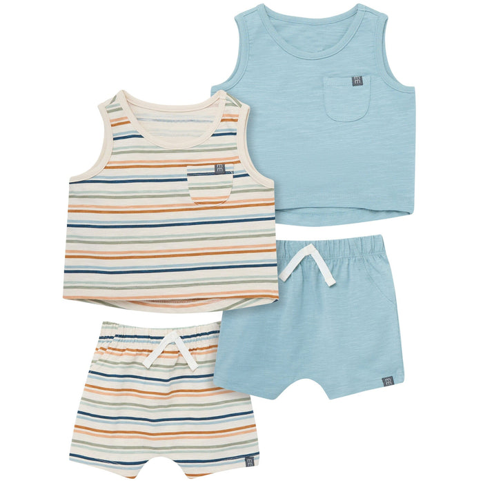4-Piece Baby Boys Beige Stripe/Medium Teal Sleeveless Shirt and Shorts Set