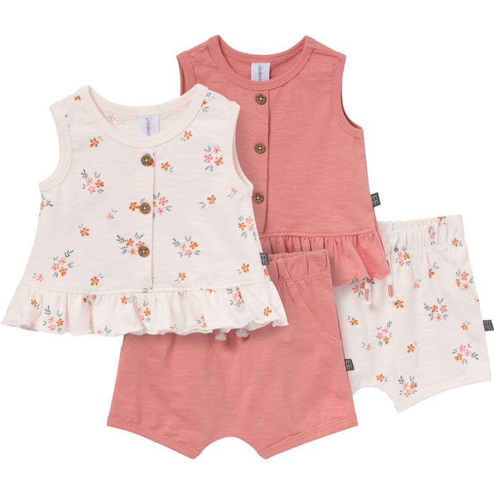 4-Piece Baby Girls Light Rose Flower Bunches/Rose Sleeveless Peplum Tops and Shorts Set outfits Modern Moments™ by Gerber®