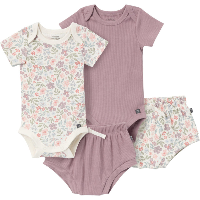 4-Pack Baby Girls Ivory Garden/Medium Lilac Short Sleeve Bodysuit and Shorts Set