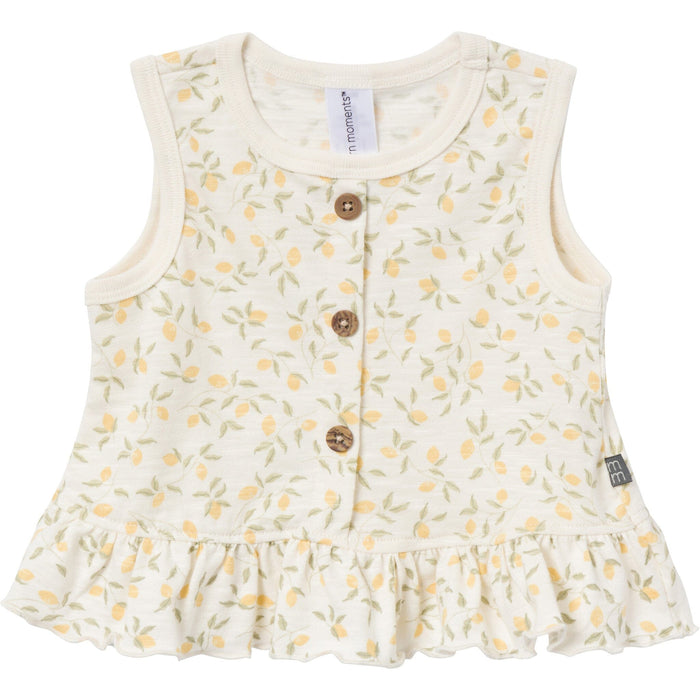4-Piece Baby Girls Ivory Lemon Vines/Light Yellow Sleeveless Peplum Tops and Shorts Set