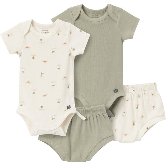 4-Pack Baby Neutral Ivory Mini Island/Medium Green Short Sleeve Bodysuit and Shorts Set
