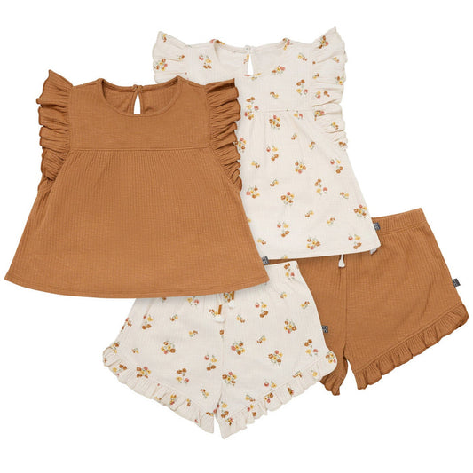4-Piece Infant & Toddler Girls Beige Flowers Flutter Sleeve Top and Shorts Set outfits Modern Moments™ by Gerber®