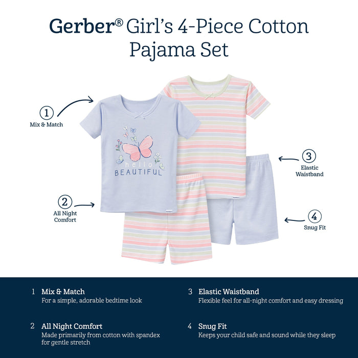 4-Piece Infant & Toddler Girls Butterfly Stripe Top and Shorts Pajama Set