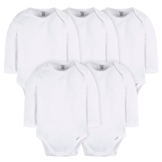 5-Pack Baby White Premium Long Sleeve Lap Shoulder Onesies® Bodysuits