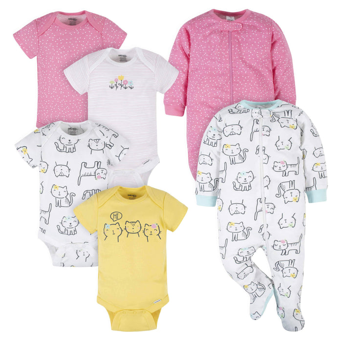 6-Piece Baby Girls Cat Onesies® Brand Bodysuit & Sleep N' Play Set-Gerber Childrenswear