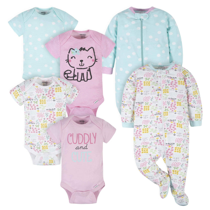 6-Piece Baby Girls Cuddly & Cat Onesies® Brand Bodysuit & Sleep N' Play Set-Gerber Childrenswear