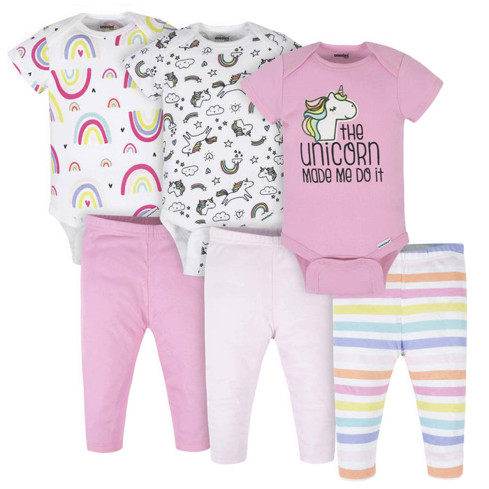 6-Piece Baby Girls Unicorn Onesies® Brand Bodysuits & Pants Set-Gerber Childrenswear