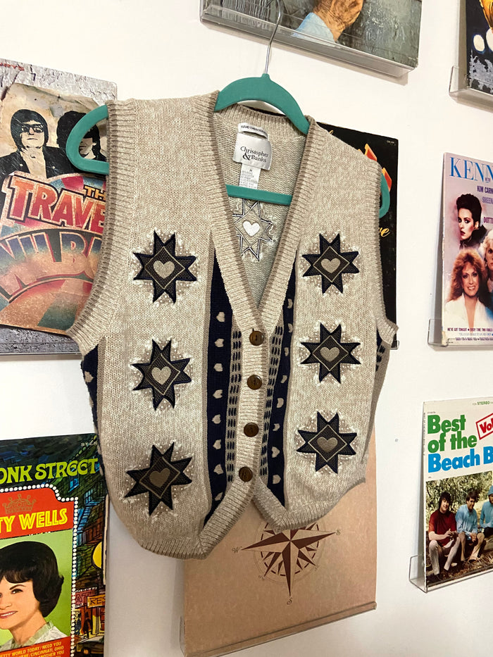 Vintage Christopher + Banks Embroidered Heart Vest, Size Medium - Deer Creek Mercantile