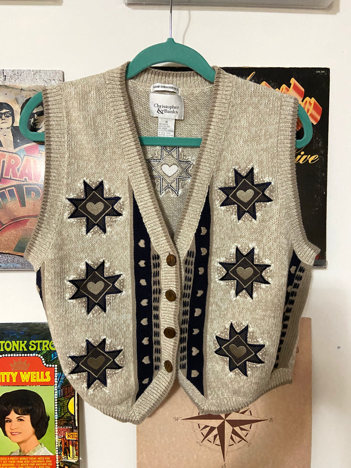 Vintage Christopher + Banks Embroidered Heart Vest, Size Medium - Deer Creek Mercantile