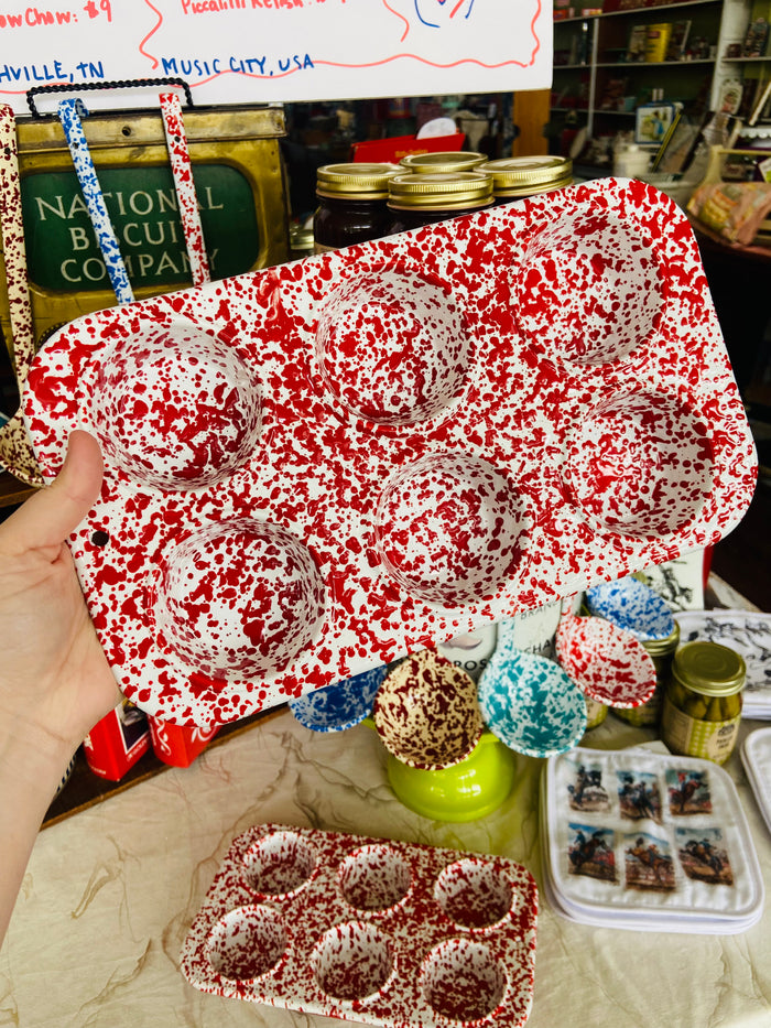 Splatter Enamelware Red Muffin Tin - Deer Creek Mercantile
