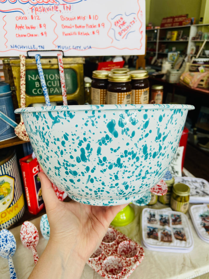Splatter Enamelware Turquoise Large Salad Bowl - Deer Creek Mercantile