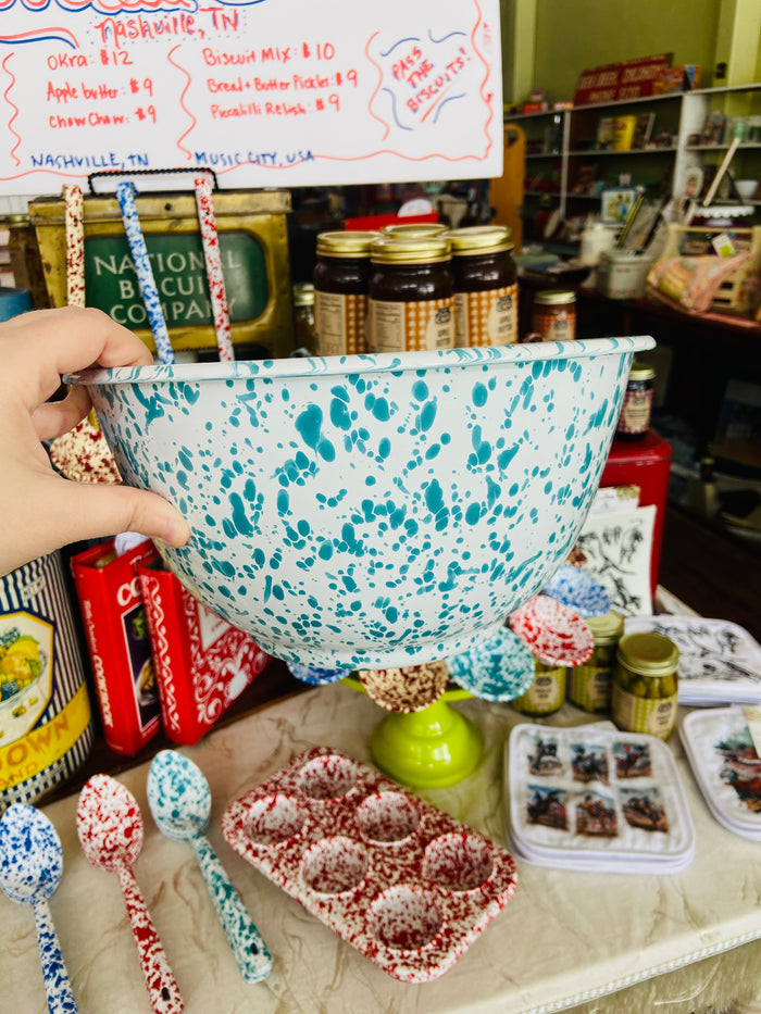 Splatter Enamelware Turquoise Large Salad Bowl - Deer Creek Mercantile