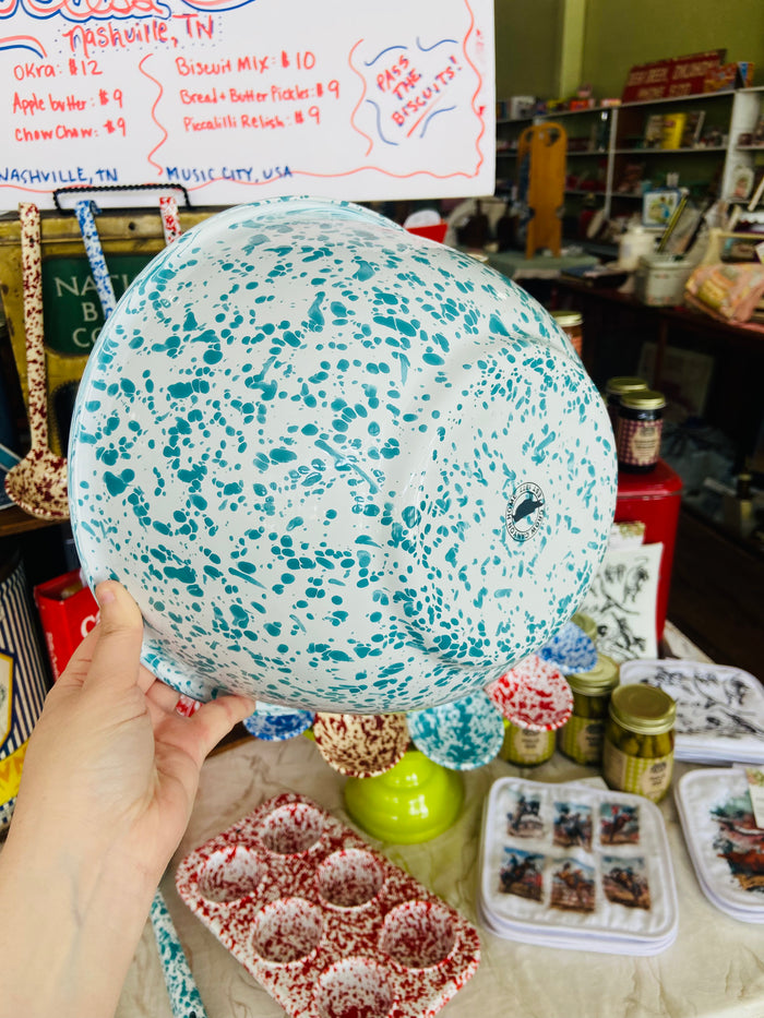 Splatter Enamelware Turquoise Large Salad Bowl - Deer Creek Mercantile