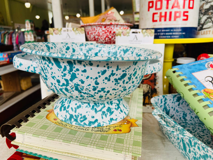 Splatter Enamelware Turquoise Colander - Deer Creek Mercantile