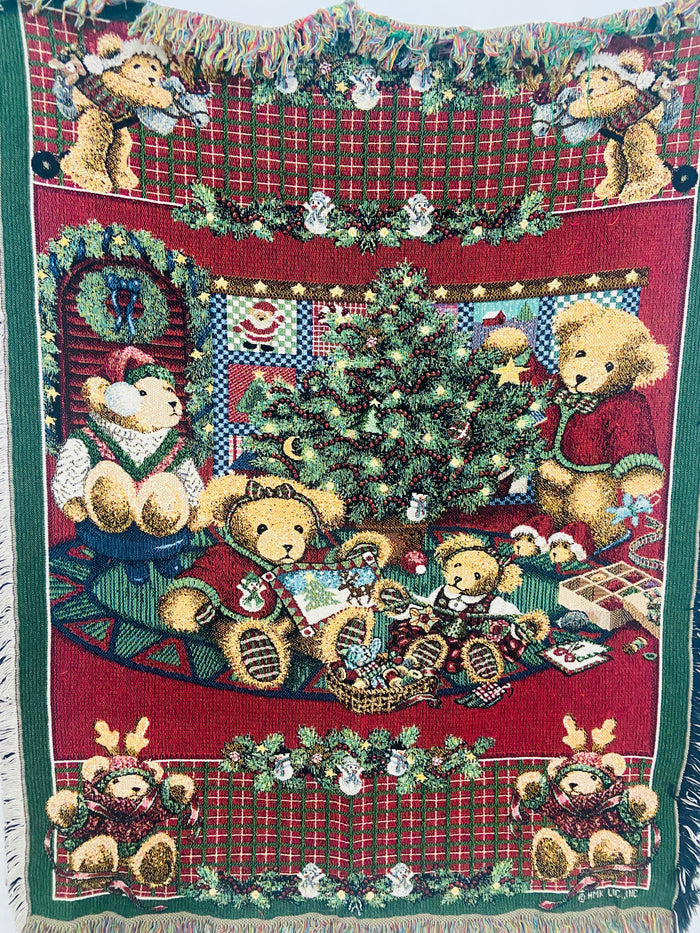Vintage Christmas Teddy Bear Tapestry Blanket - Deer Creek Mercantile