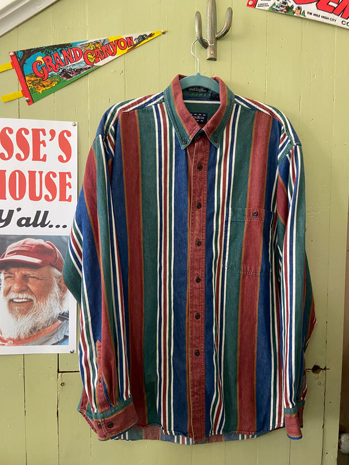 Vintage Cotton Row Western 90s Striped Button Down Shirt Size XLT Rust/Blue/Green - Deer Creek Mercantile