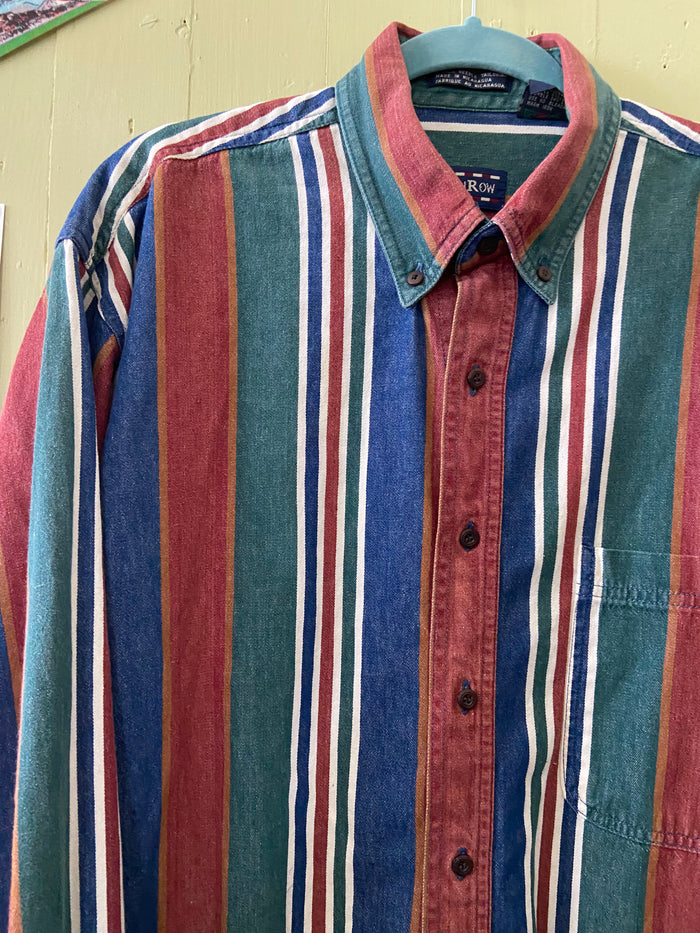 Vintage Cotton Row Western 90s Striped Button Down Shirt Size XLT Rust/Blue/Green - Deer Creek Mercantile