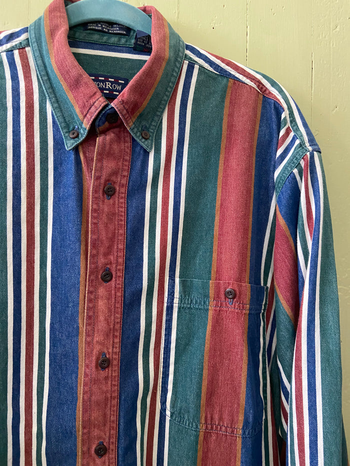 Vintage Cotton Row Western 90s Striped Button Down Shirt Size XLT Rust/Blue/Green - Deer Creek Mercantile