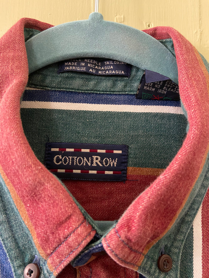 Vintage Cotton Row Western 90s Striped Button Down Shirt Size XLT Rust/Blue/Green - Deer Creek Mercantile
