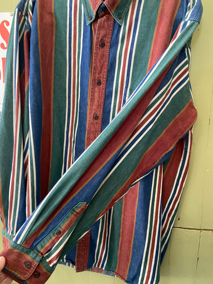 Vintage Cotton Row Western 90s Striped Button Down Shirt Size XLT Rust/Blue/Green - Deer Creek Mercantile