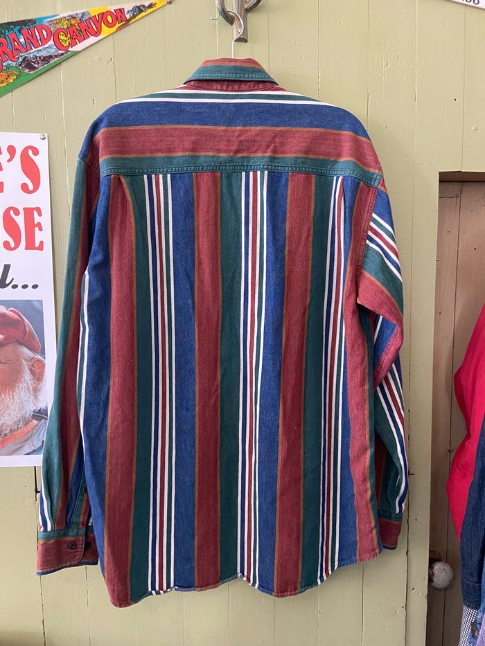 Vintage Cotton Row Western 90s Striped Button Down Shirt Size XLT Rust/Blue/Green - Deer Creek Mercantile