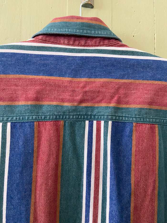 Vintage Cotton Row Western 90s Striped Button Down Shirt Size XLT Rust/Blue/Green - Deer Creek Mercantile