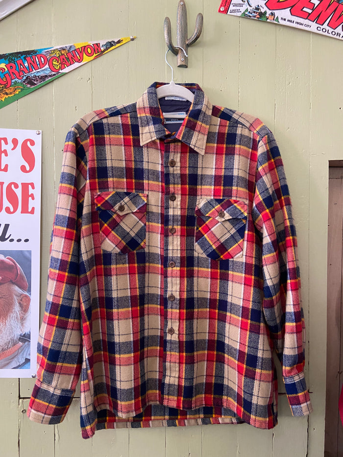 Vintage The Fair Greens 1970s Flannel Camp Plaid Button Down Shirt Size Medium 15 - 15 1/2 - Deer Creek Mercantile
