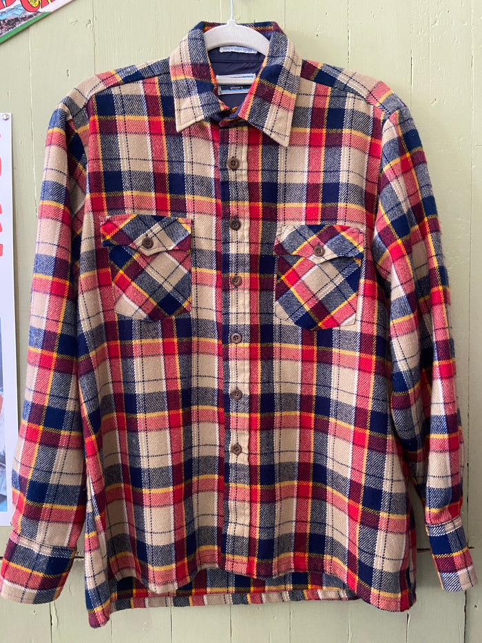 Vintage The Fair Greens 1970s Flannel Camp Plaid Button Down Shirt Size Medium 15 - 15 1/2 - Deer Creek Mercantile