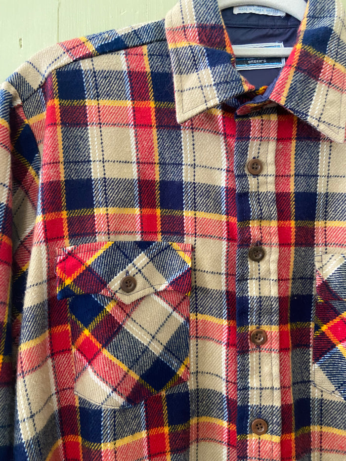 Vintage The Fair Greens 1970s Flannel Camp Plaid Button Down Shirt Size Medium 15 - 15 1/2 - Deer Creek Mercantile