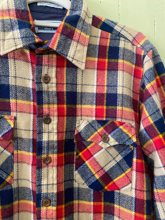 Vintage The Fair Greens 1970s Flannel Camp Plaid Button Down Shirt Size Medium 15 - 15 1/2 - Deer Creek Mercantile