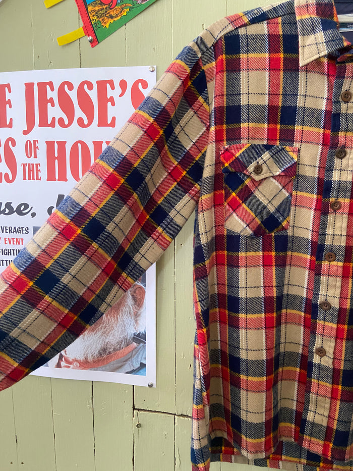 Vintage The Fair Greens 1970s Flannel Camp Plaid Button Down Shirt Size Medium 15 - 15 1/2 - Deer Creek Mercantile
