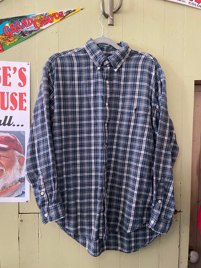 Vintage Ralph Lauren Big Shirt Blue Plaid Button Down Top Size Medium - Deer Creek Mercantile