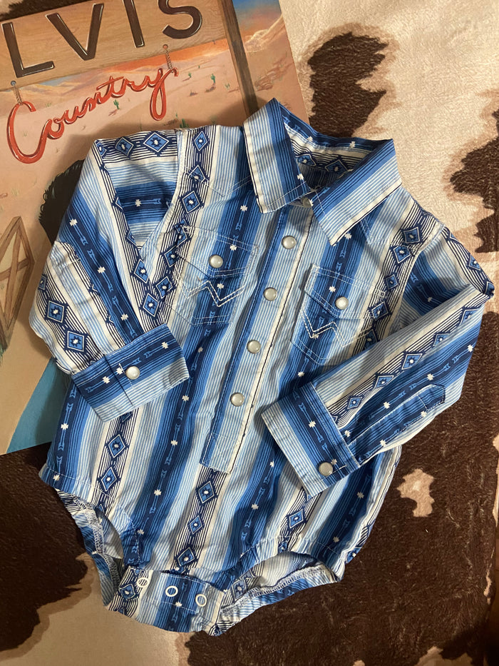 Vintage Wrangler Southwest Pearl Snap Bodysuit, Blue, Size 3-6 Months - Deer Creek Mercantile