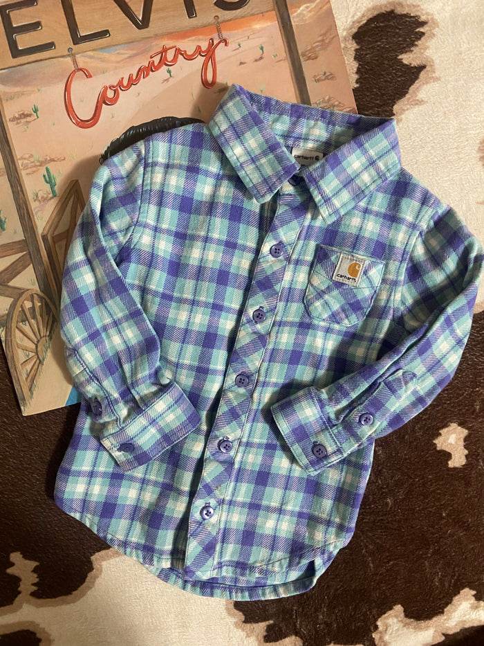 Pre-Loved Girls Carhartt Flannel Shirt (Purple/Teal), 18 Months - Deer Creek Mercantile