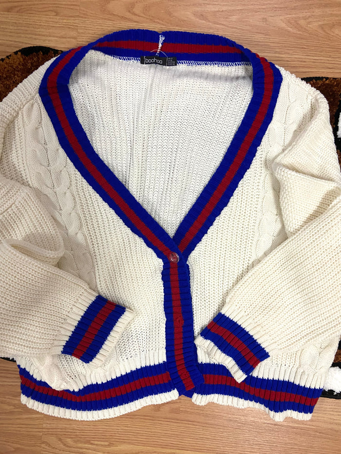 Vintage Red, White, Blue Varsity Cardigan, Size 10 - Deer Creek Mercantile