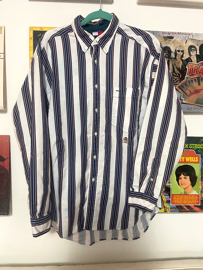 Vintage 90s Tommy Hilfiger Striped Top, Green/Blue,Burgundy, Size Large - Deer Creek Mercantile