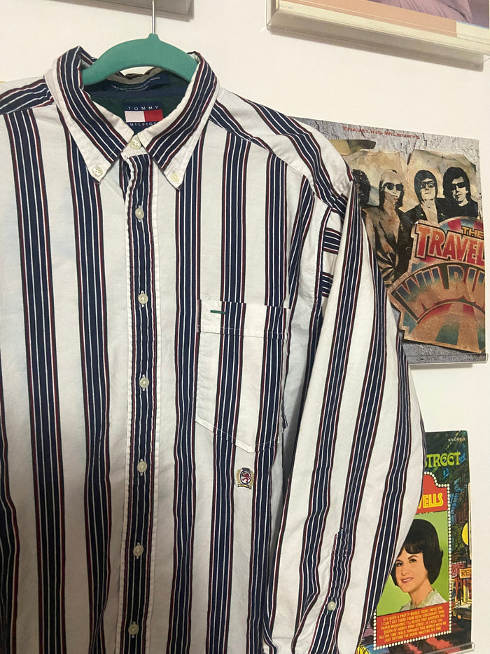 Vintage 90s Tommy Hilfiger Striped Top, Green/Blue,Burgundy, Size Large - Deer Creek Mercantile