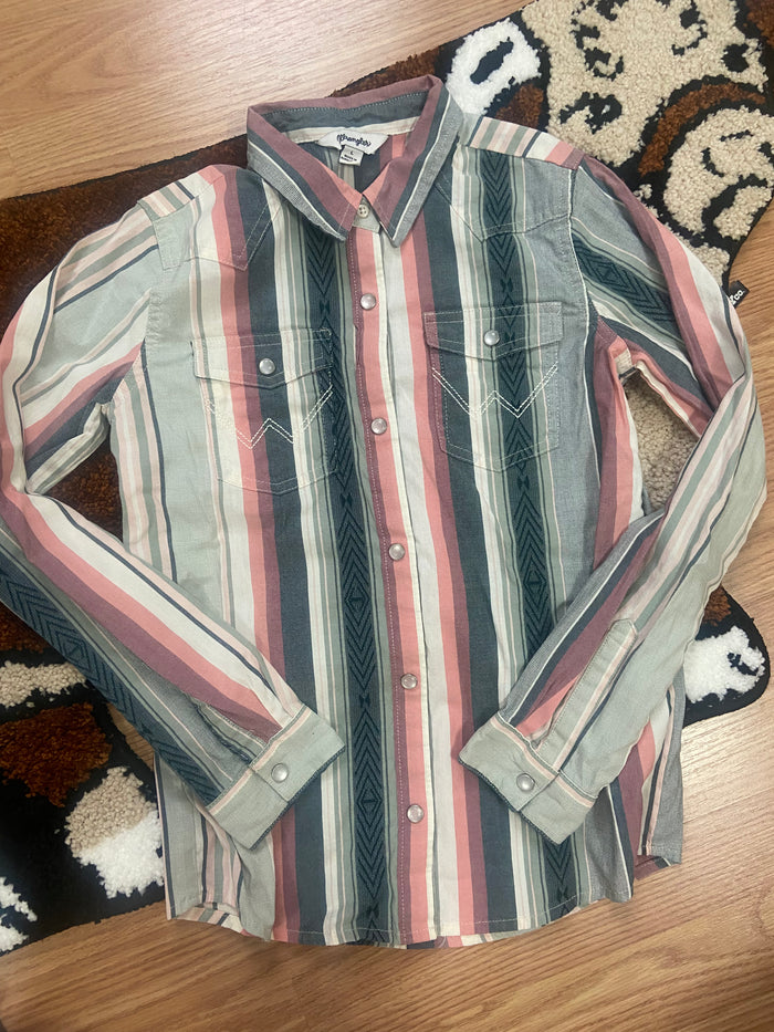 Vintage Wrangler Youth Girls Pearl Snap Shirt, Striped Pink, Green Size Large - Deer Creek Mercantile