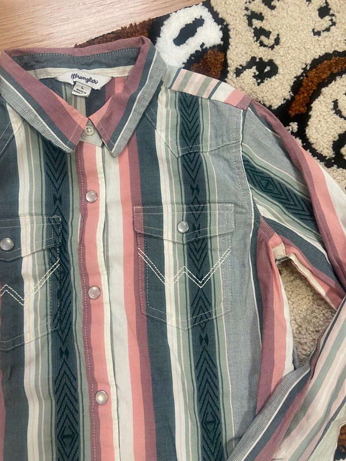 Vintage Wrangler Youth Girls Pearl Snap Shirt, Striped Pink, Green Size Large - Deer Creek Mercantile