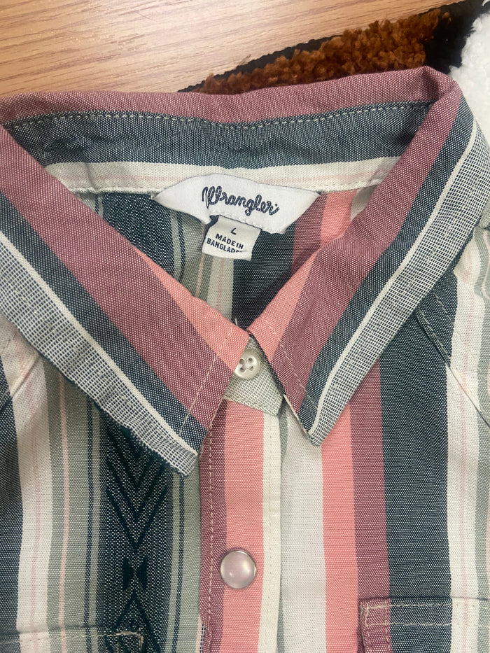 Vintage Wrangler Youth Girls Pearl Snap Shirt, Striped Pink, Green Size Large - Deer Creek Mercantile