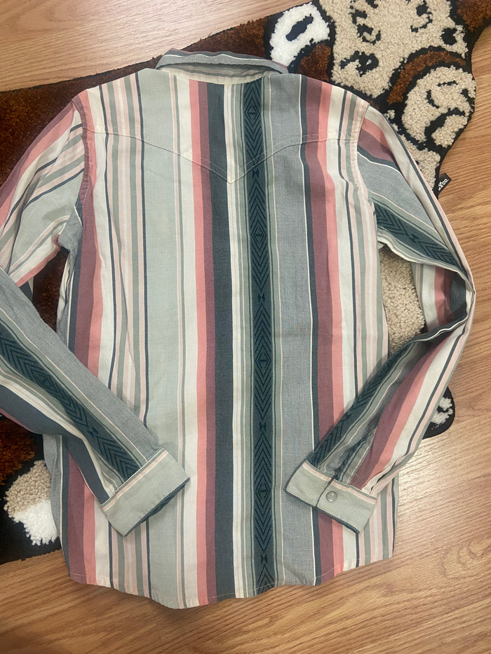 Vintage Wrangler Youth Girls Pearl Snap Shirt, Striped Pink, Green Size Large - Deer Creek Mercantile