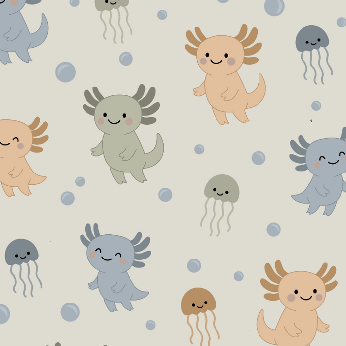 Pattern of cartoon axolotls, jellyfish, and other sea creatures on a light background.