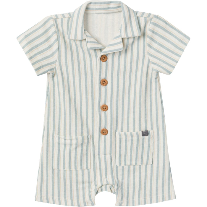 Baby Boys Ivory Teal Stripe Collared Short Sleeve Romper