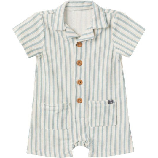 Baby Boys Ivory Teal Stripe Collared Short Sleeve Romper
