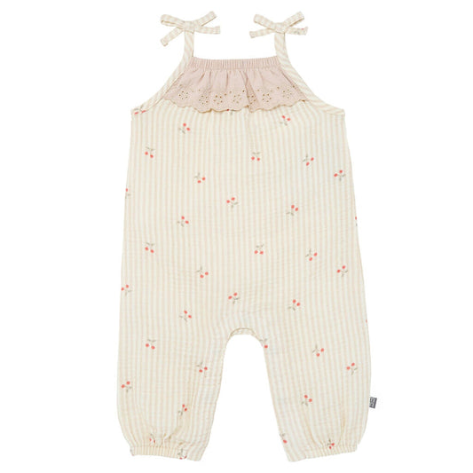 Baby Girls Beige Cherry Stripe Sleeveless Ruffle Romper