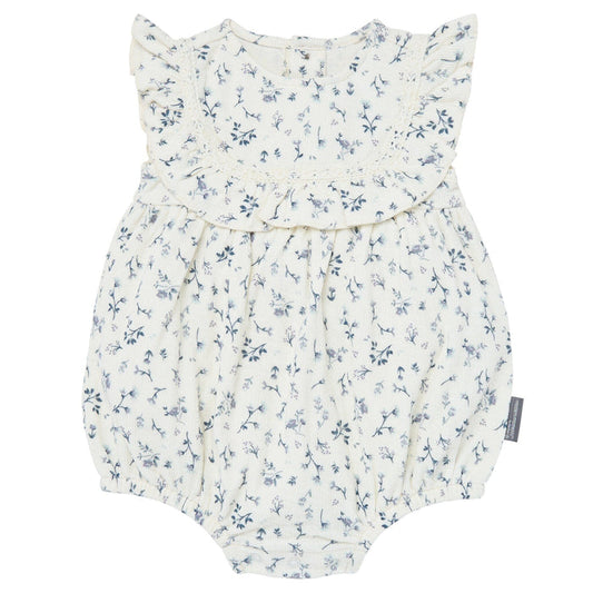 Baby Girls Ivory Blue Ditsy Ruffle Bubble Romper