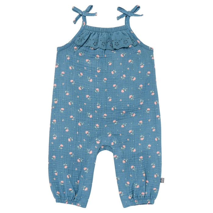 Baby Girls Dark Teal Aster Flower Sleeveless Ruffle Romper