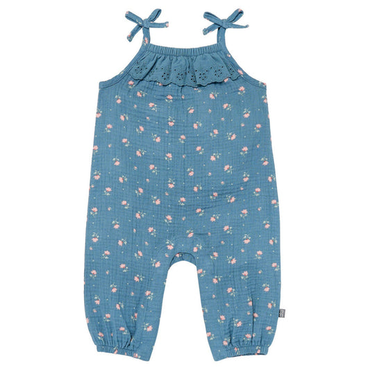 Baby Girls Dark Teal Aster Flower Sleeveless Ruffle Romper