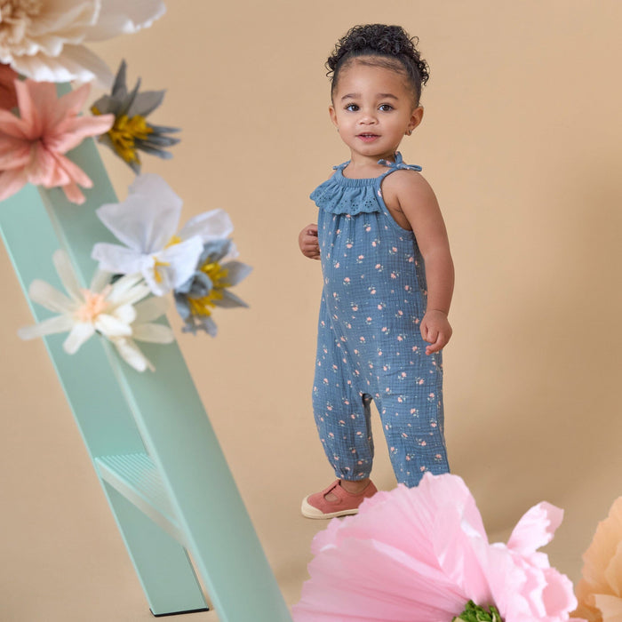 Baby Girls Dark Teal Aster Flower Sleeveless Ruffle Romper